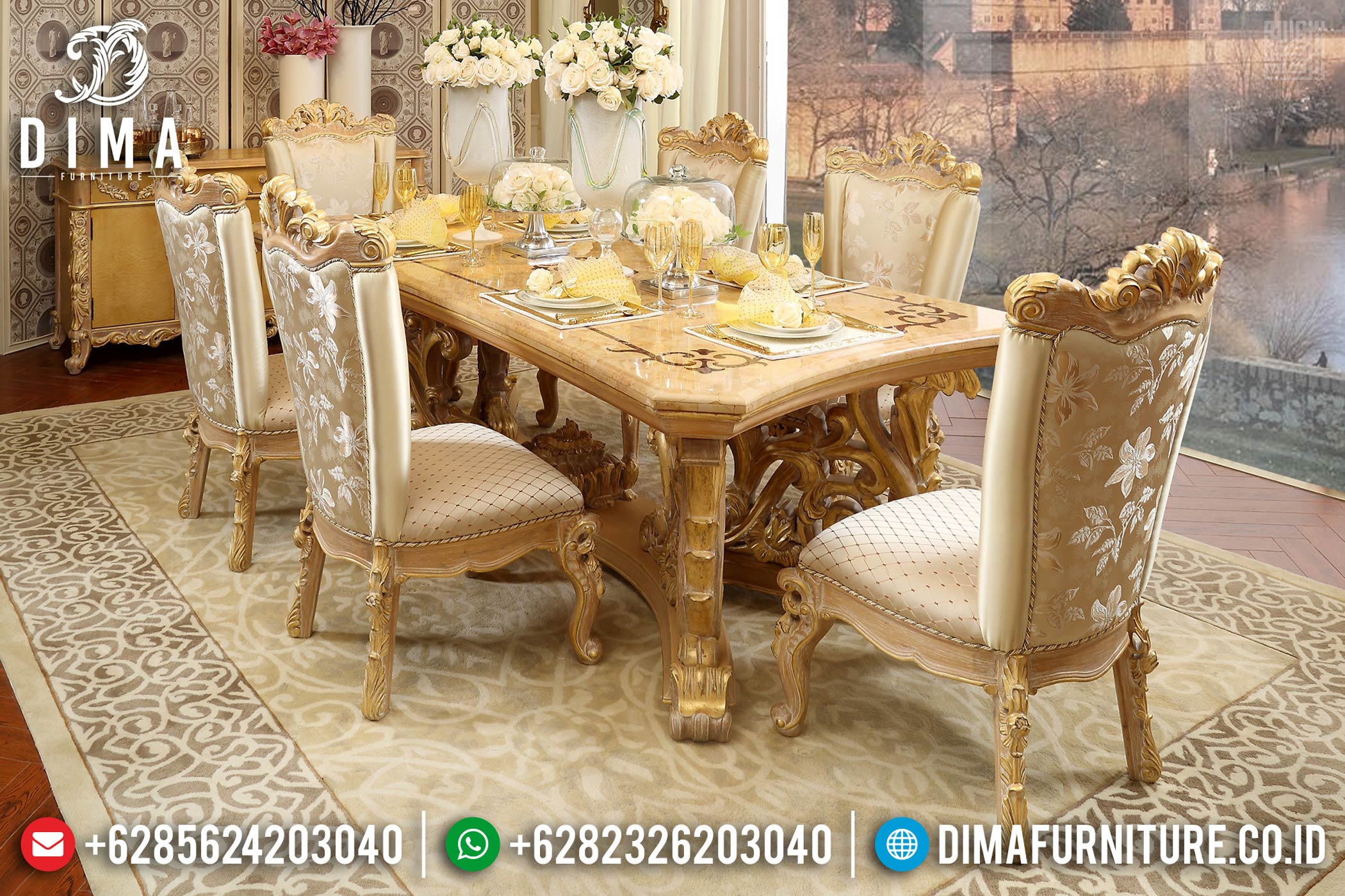 Various Meja Makan Mewah Jepara Golden Gold Glossy Luxury Color Terbaru DF-1462