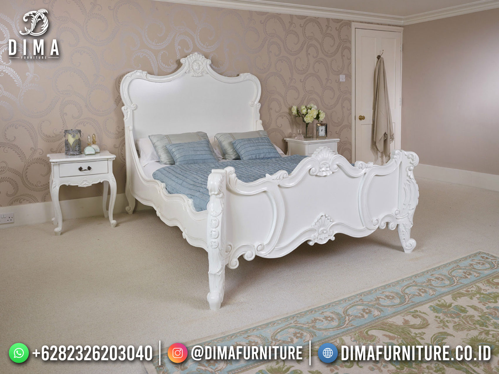 Harga Set Tempat Tidur Mewah Putih Duco Luxury Carving New French Vintage Style DF-1571