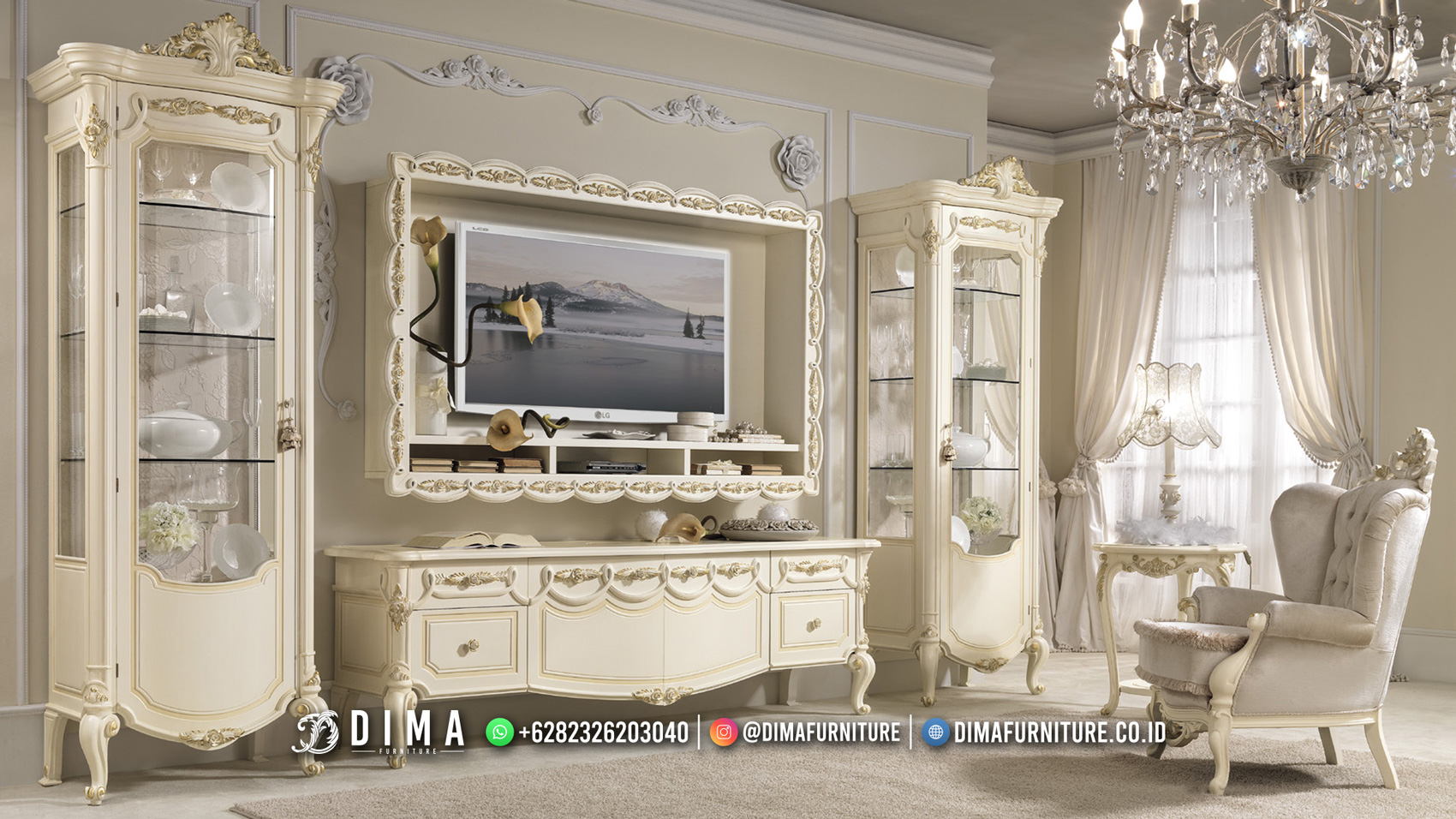 Model Bufet TV Mewah Ukiran Klasik White Duco Beauty Combine DF-2345