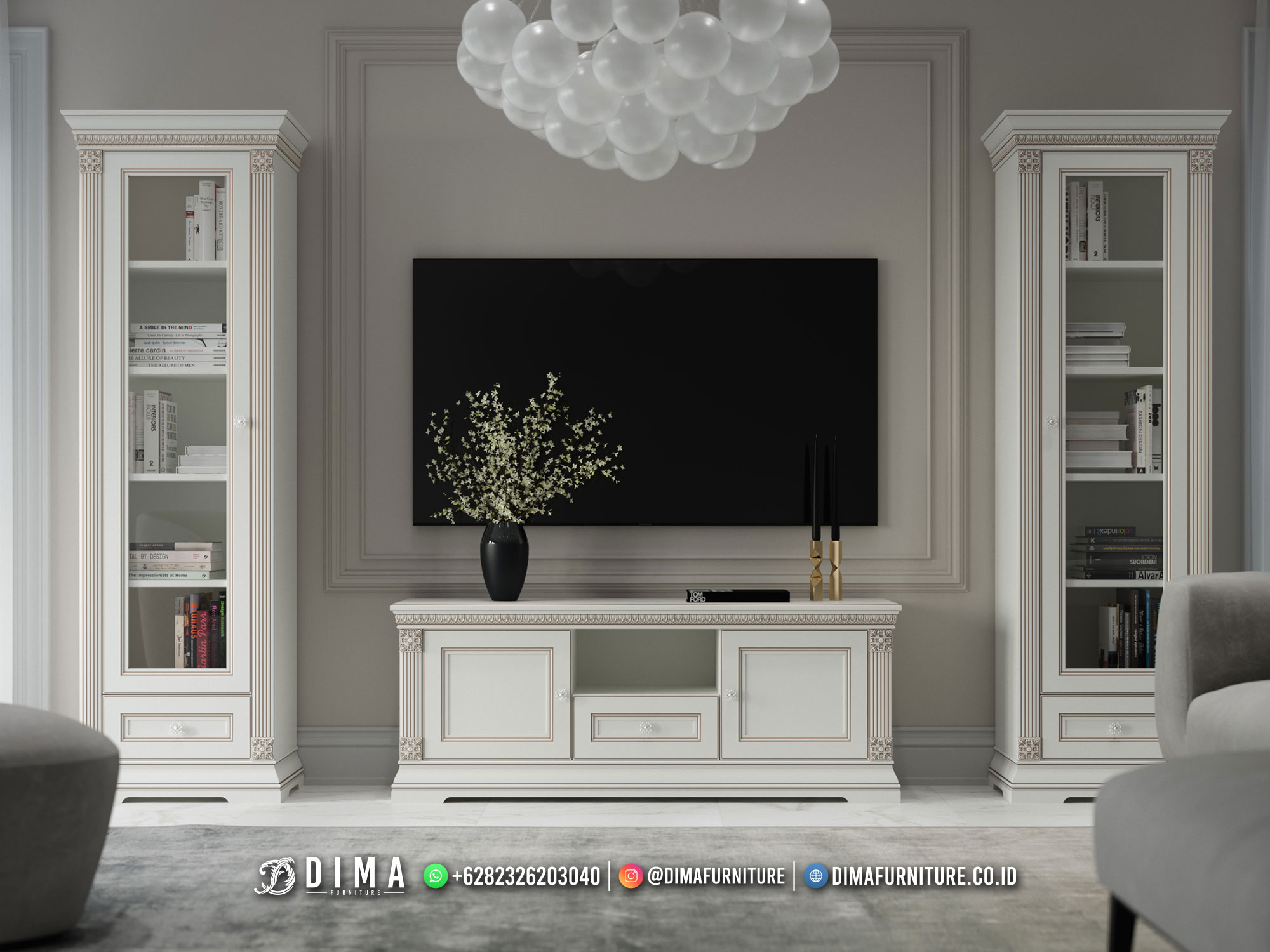 Bufet TV Mewah Classic White Duco Shabby Furniture Jepara Terbaru DF-2404