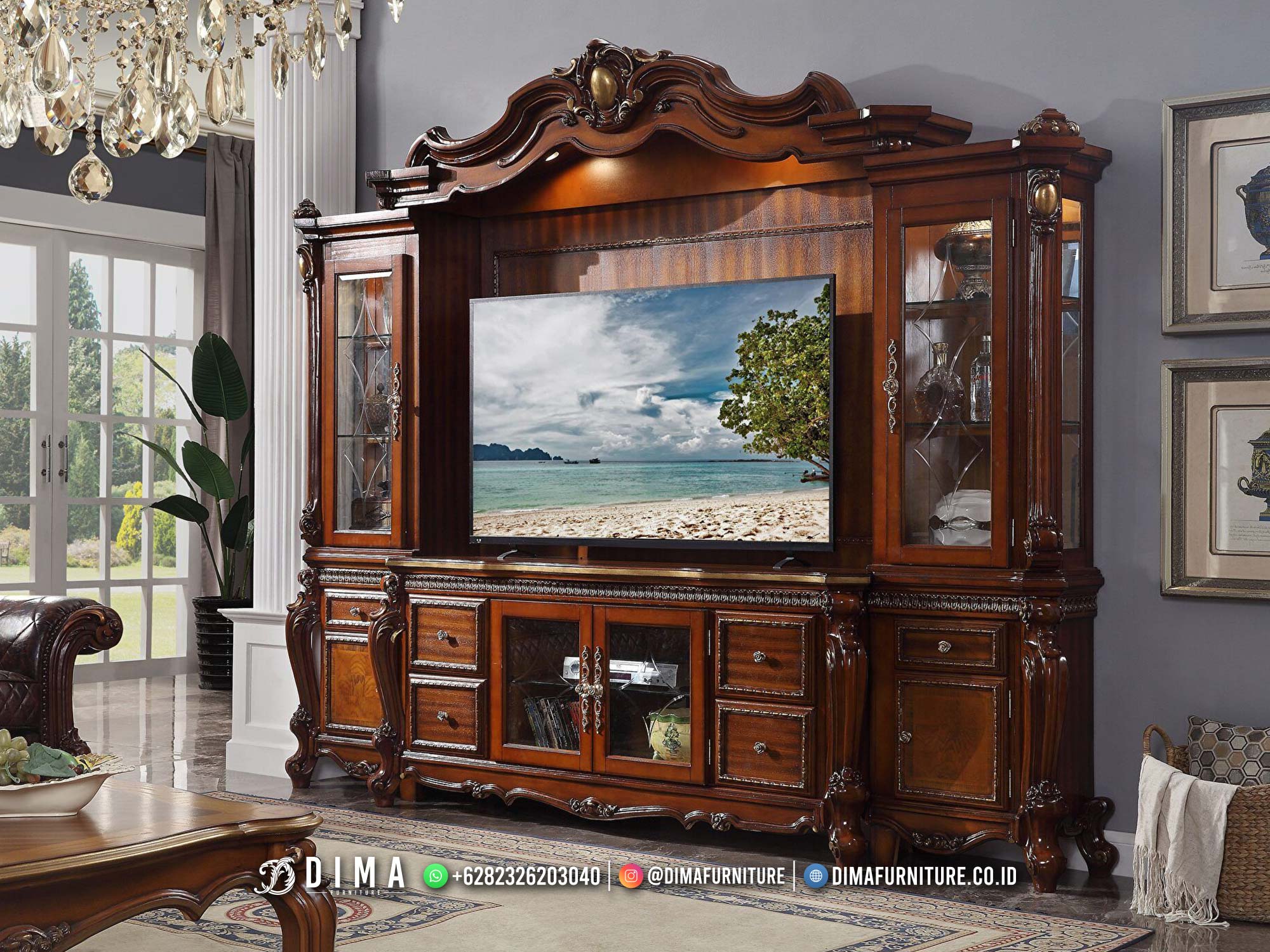 Lemari Bufet TV Mewah Jati Salak Brown Luxury Classic Elegant DF-2456