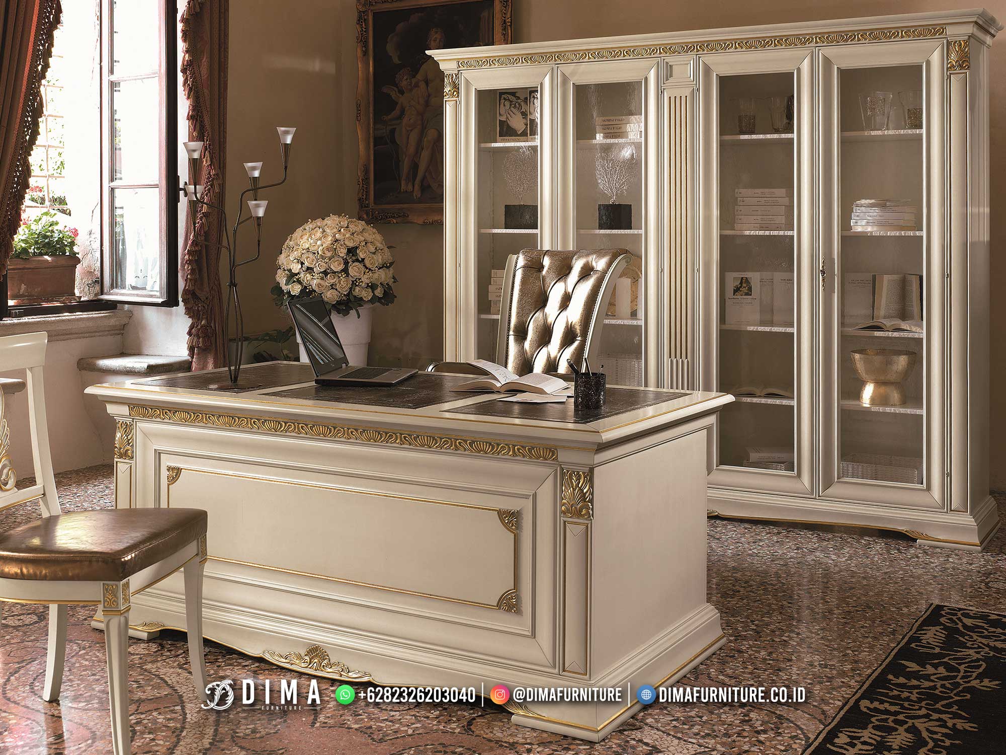 New Meja Kantor Terbaru White Duco Classic Luxury Carving Jepara DF-2410