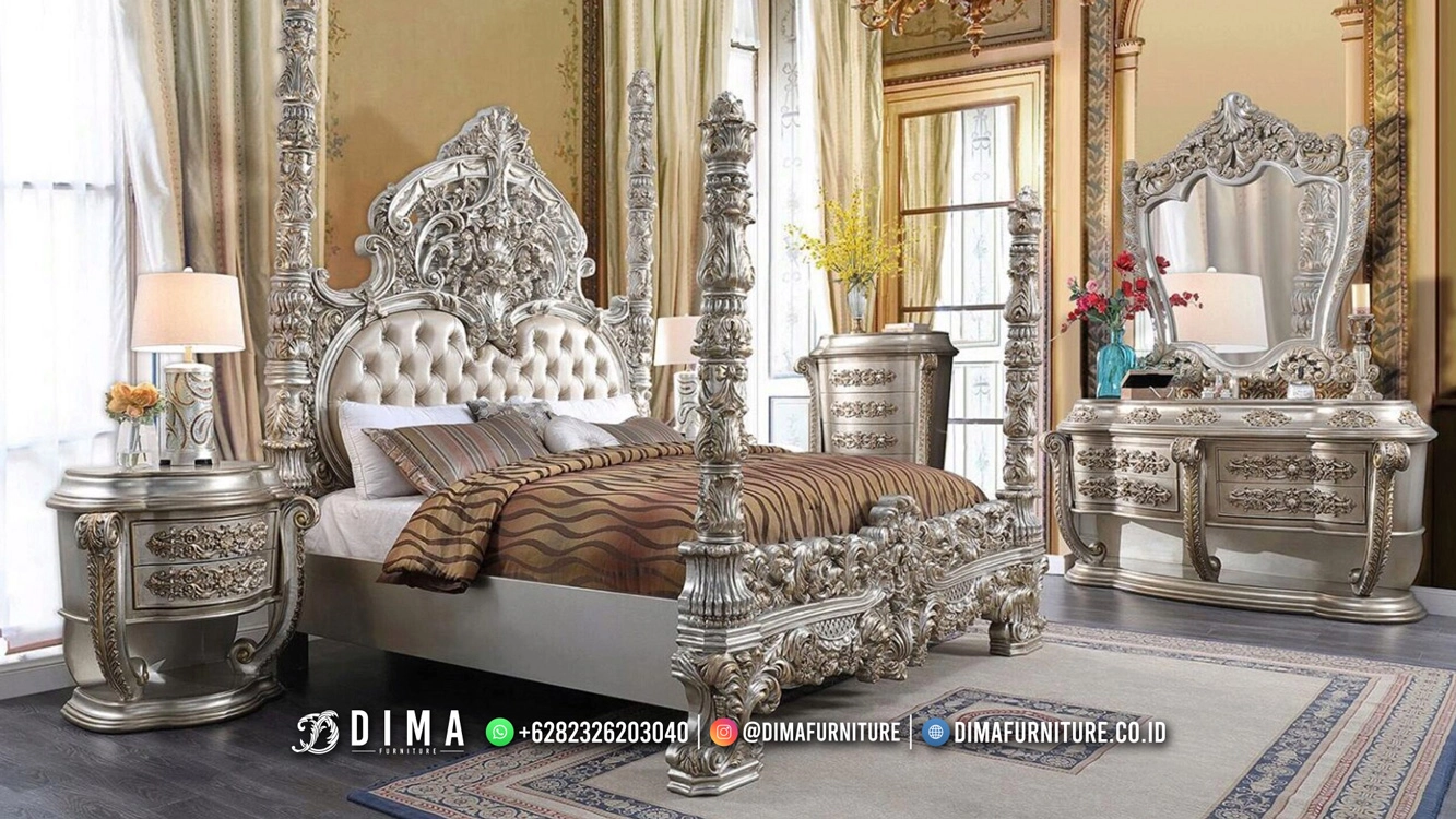 Luxury Carving Tempat Tidur Mewah, Kamar Set Silver Duco DF3459