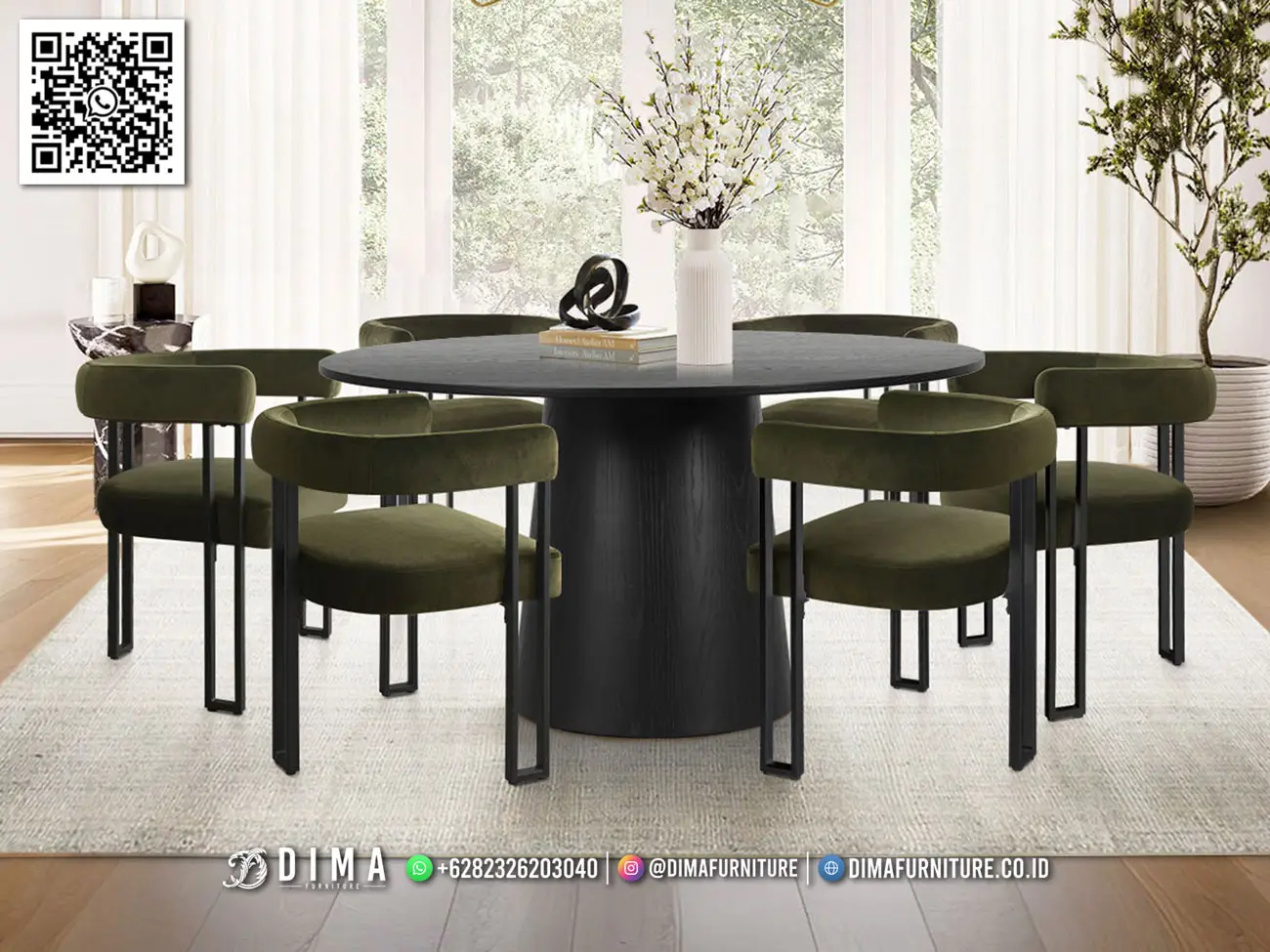 Meja Makan Bundar Modern Arlo Dengan Kursi Velvet Olive 150DF Meja Makan Bundar Modern Arlo Dengan Kursi Velvet Olive 150DF