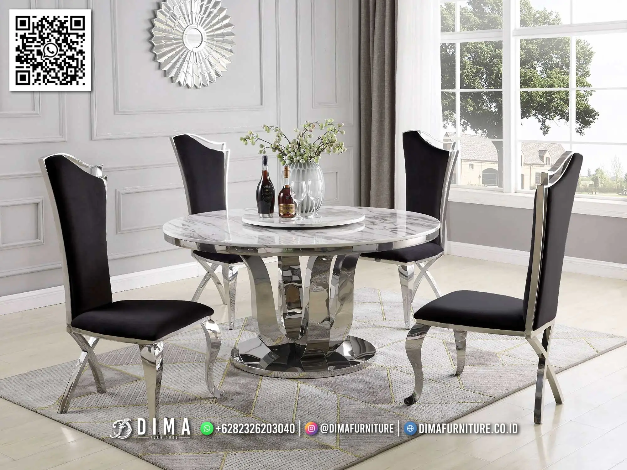 Set Meja Makan Bundar Chrome Marble Classy Look 146DF Set Meja Makan Bundar Chrome Marble Classy Look 146DF