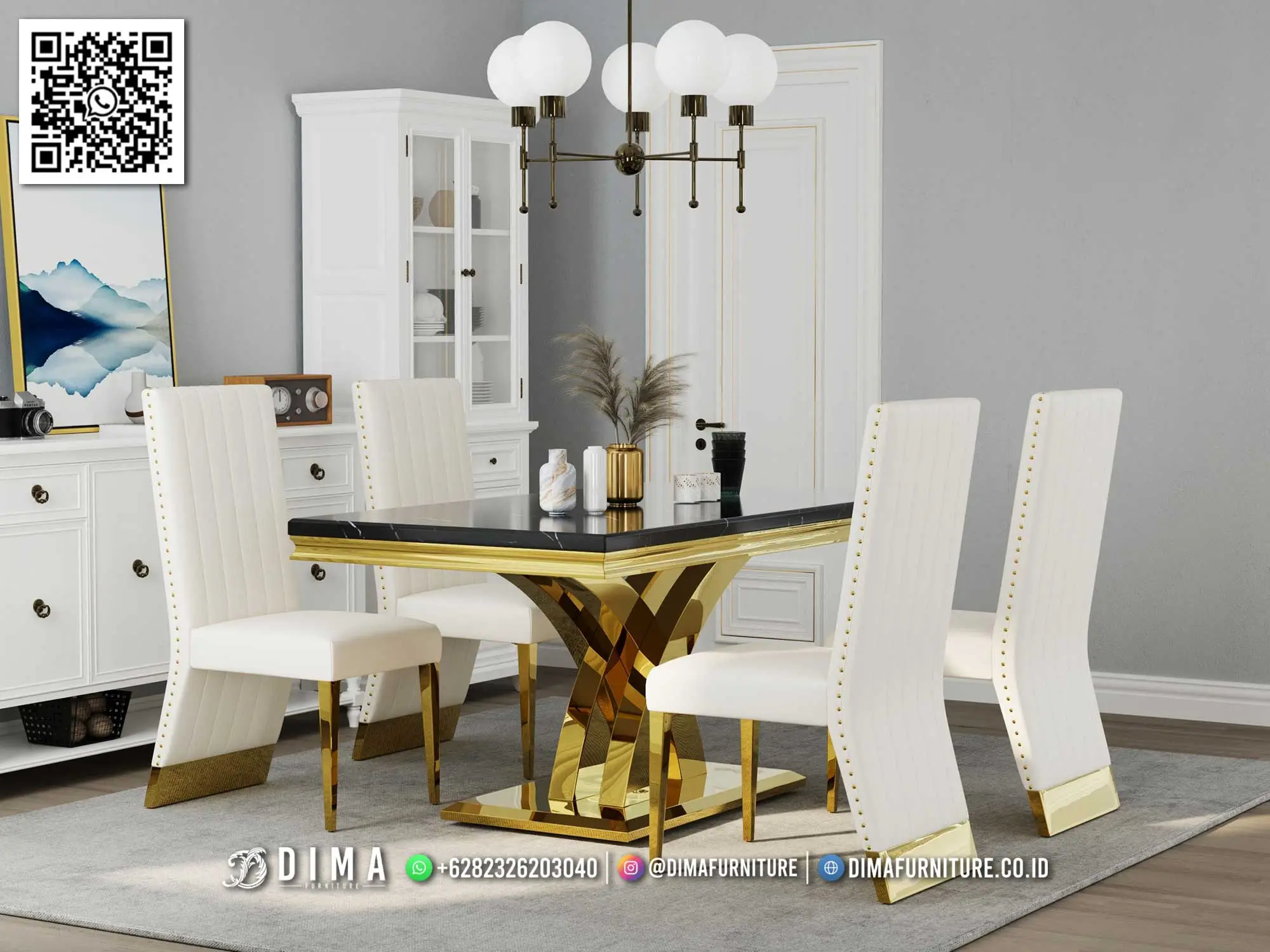 Set Meja Makan Luxury Black Gold Marble Premium 147DF Set Meja Makan Luxury Black Gold Marble Premium 147DF