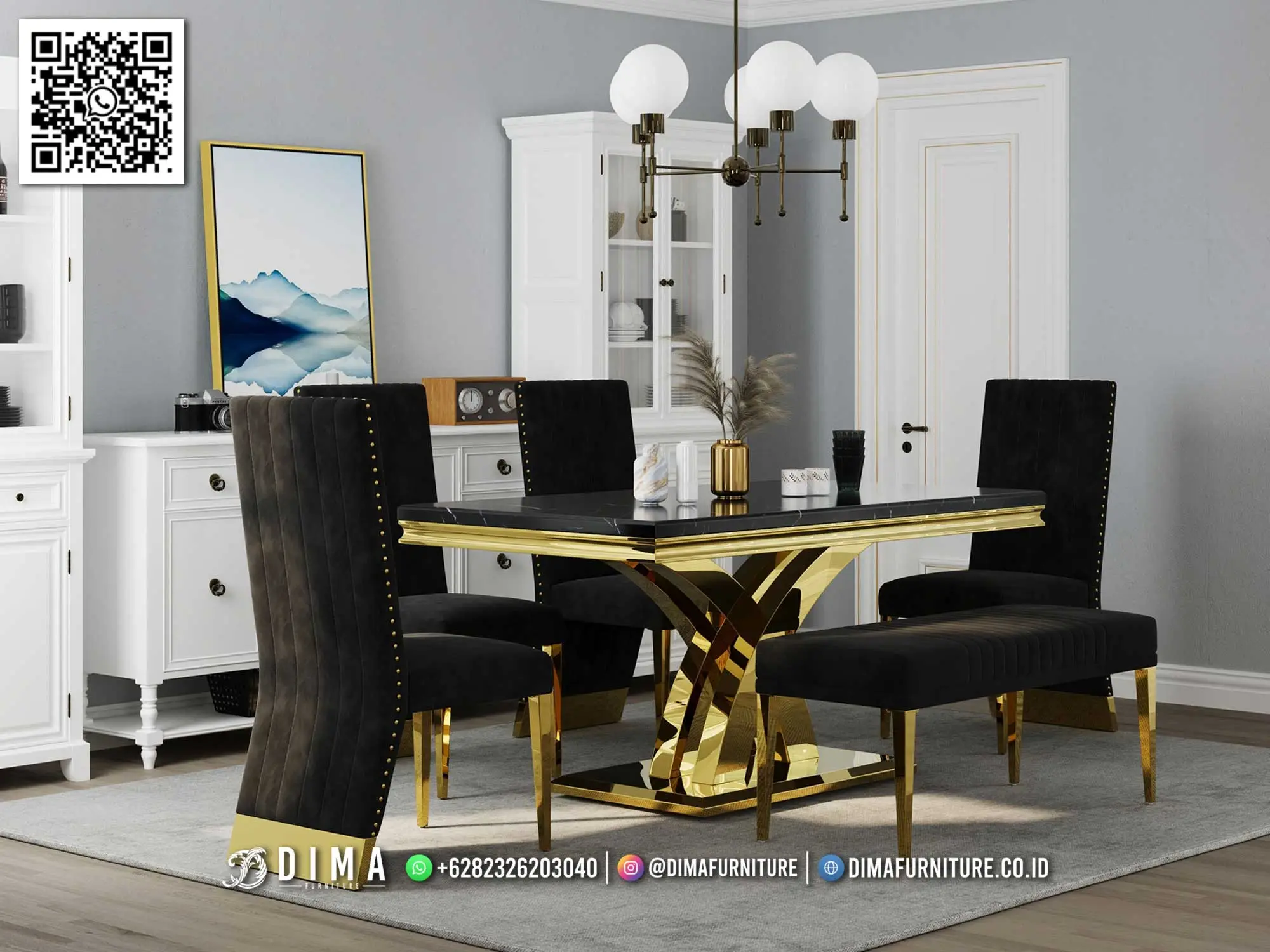 Set Meja Makan Modern Luxury Black Gold Dima 148DF Set Meja Makan Modern Luxury Black Gold Dima 148DF