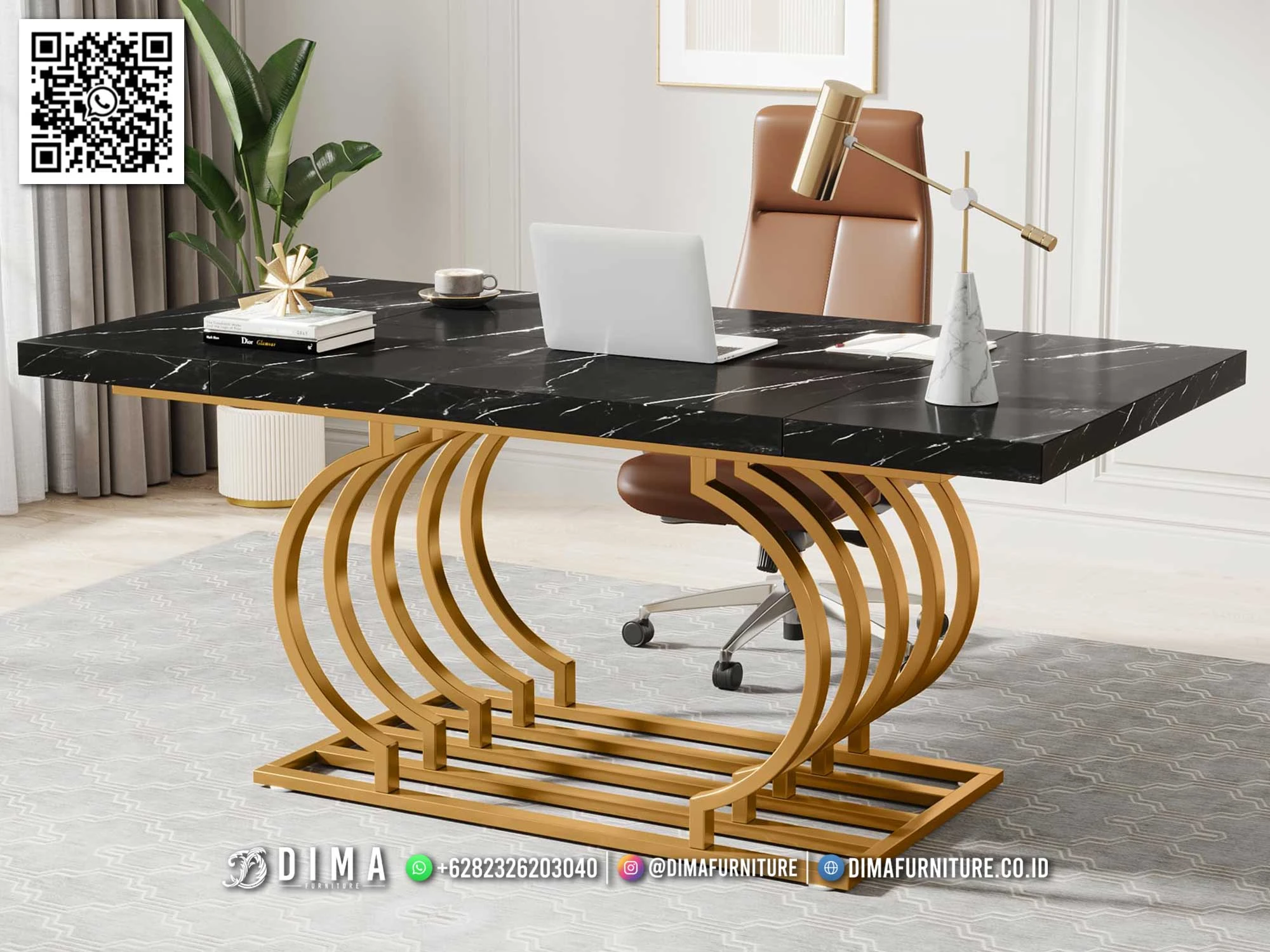 Meja Kerja Mewah Marmer Hitam Modern Gold Frame 303DF Meja Kerja Mewah Marmer Hitam Modern Gold Frame 303DF
