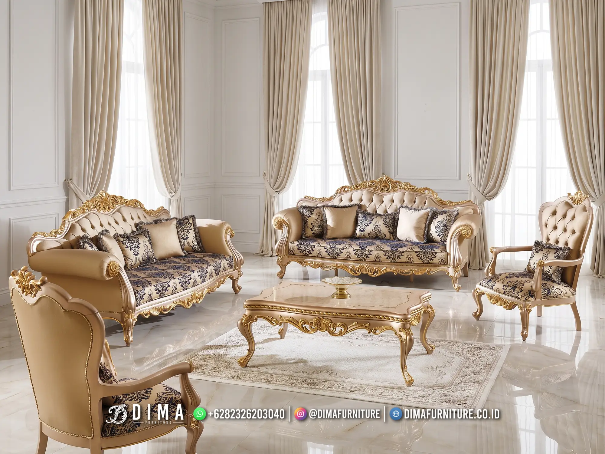 Set Sofa Tamu Mewah Jepara Marchesa Soft Gold